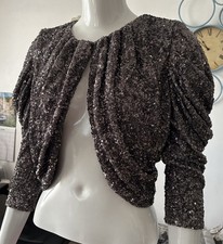 Sequin Evening Jacket Bolero Shrug Sparkly Silver Gunmetal Long Sleeve Formal