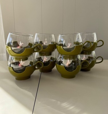 Vintage Pyrex Avocado Green Roly Poly Glasses with Holders Set of 8