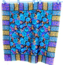 Glentex Scarf Floral Wild Rag 100% Acrylic Black Teal Multi 30"Sq. Fringed