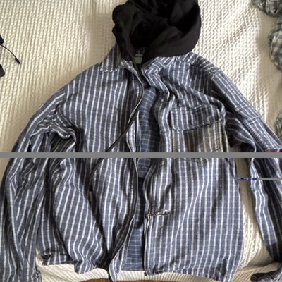 Off-White Striped Hooded Jacket Blue White Skull Graphic Logo Accents Men
