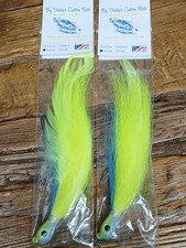 2-BIG DADDY BAITS Custom 3/4oz. Bucktail With Feather Chartreuse/Blue Hair Jigs 