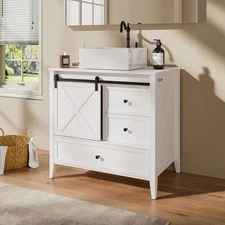 36" Bathroom Vanity w/ Sink Ceramic Freestanding Cabinet Sliding Barn Door Wood