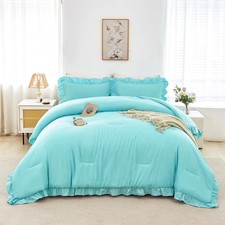 ANGIYUIN 5Pcs California King Size Comforter Set Aqua Blue Ruffle Bedding Set...