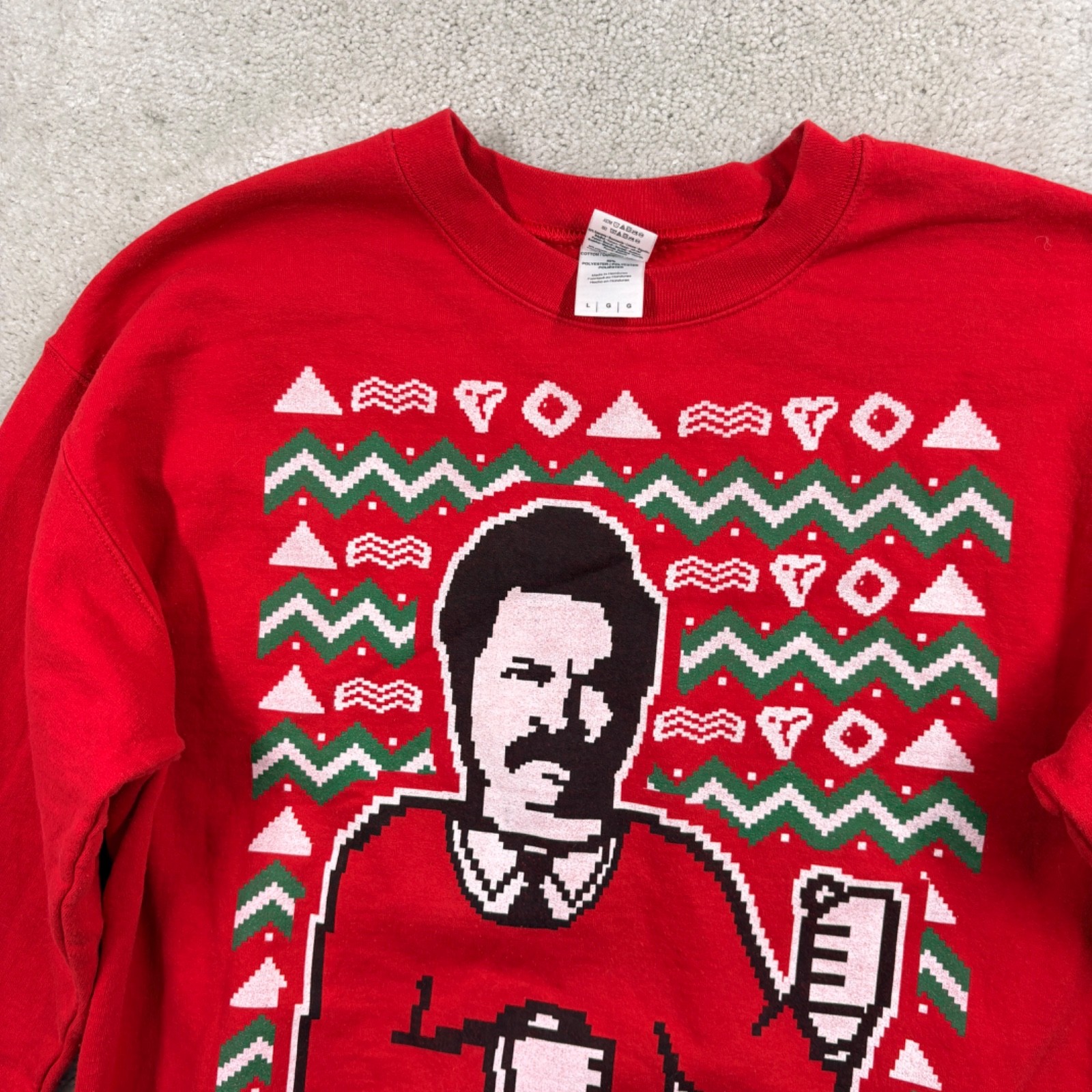 Ron Swanson Parks & Rec Christmas Sweater Adult Size Large Red Ugly Gildan