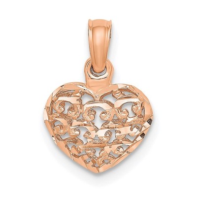 14K Rose Gold 3-D Diamond-cut Mini Puffed Heart Charm Pendant