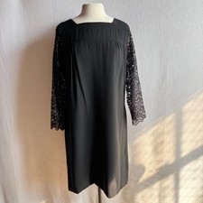 Vintage 1960s 1970s Little Black Shift Dress LBD Lace Sleeves