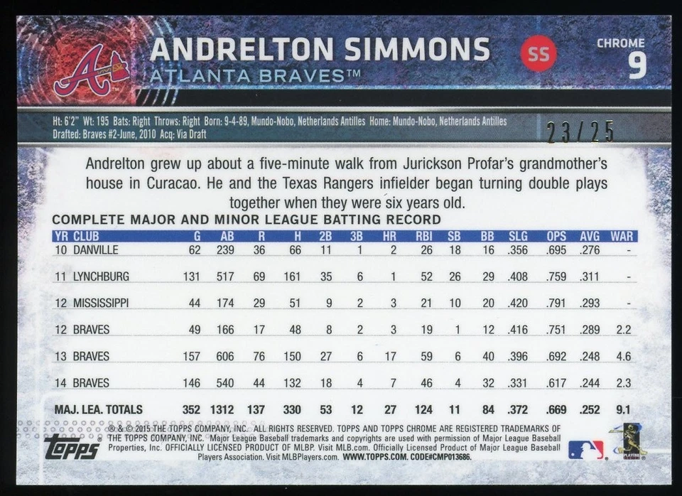 Andrelton Simmons 2015 Topps Chrome #9 ORANGE Refractor /25 Braves - Image 2 of 2