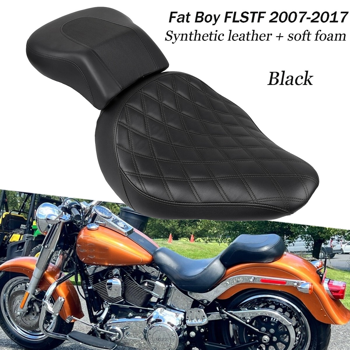 Black Front Driver & Rear Passenger Solo Seat For Harley Fat Boy