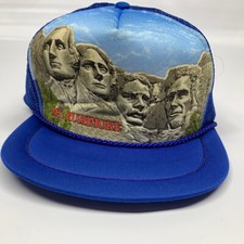 Vintage 80's Blue "Mt. Rushmore" Trucker Hat Snapback Mesh