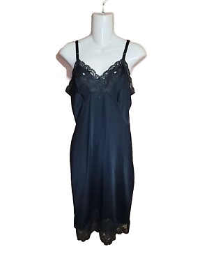 SHADOWLINE Black Silky Nylon Full Dress Slip Lingerie Lace 36 - Main Image