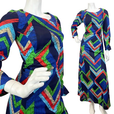 VINTAGE 60er 70er BLAU ROT GRÜN GEOMETRISCH MARMORIERT OP-ART MOD MAXIKLEID 10