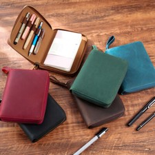 Genuine Leather A6 Notebook Filed Note Book Cover Zipper Pencil Holder Planner
