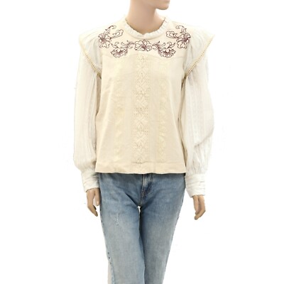 270970 Free People Floral Embroidered Blouse Top Swiss Dot Crochet Lace M New