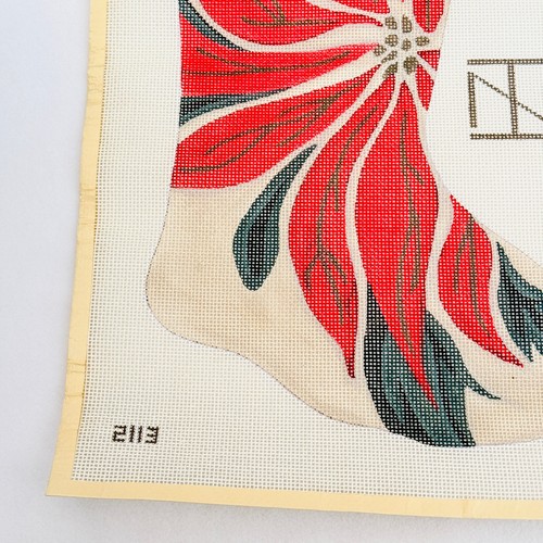 Poinsettia Christmas Stocking Handpainted Needlepoint Canvas 12ct Vintage - Picture 6 of 7