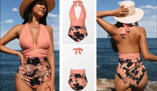 NWT Cupshe Deep V-Neck Halter Backless One Piece Swimsuit. Black Peach Floral.XL
