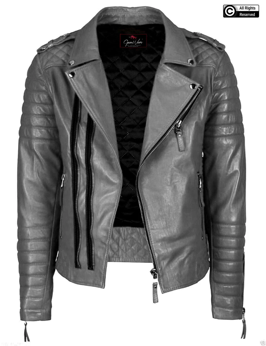 Men and Women Unisex Grey Leather Jacket Cafe Racer Biker 100 Genuine Leather