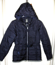 Rothschild R 1881 Puffer Coat Size L 14 Navy Blue Hooded Quilted Belt EUC