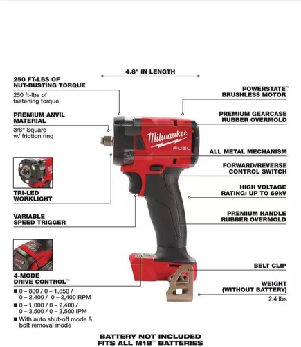 Milwaukee M18 Fuel 18 V 3/8 in. Cordless Brushless Compact Impact Wrench Kit ... - Picture 4 of 4