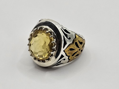 Yellow Citrine Gemstone 925 Fine Silver Etched Brass Handmade Ring Size 10.5 - Picture 4 of 6
