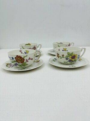 Charles Martin & Duche Floral Morning Glory Teacups & Saucers SET of 4 France