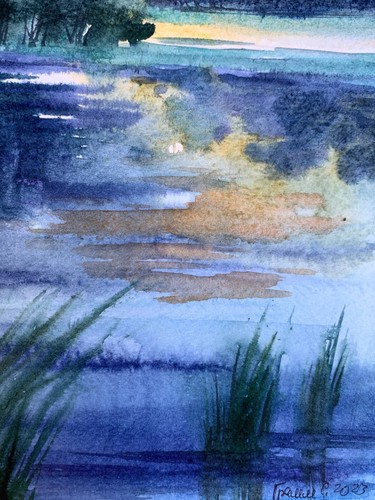 Watercolor Painting Cool Evening By The River S. Gramm Original Art nAAA3355 - Picture 11 of 14