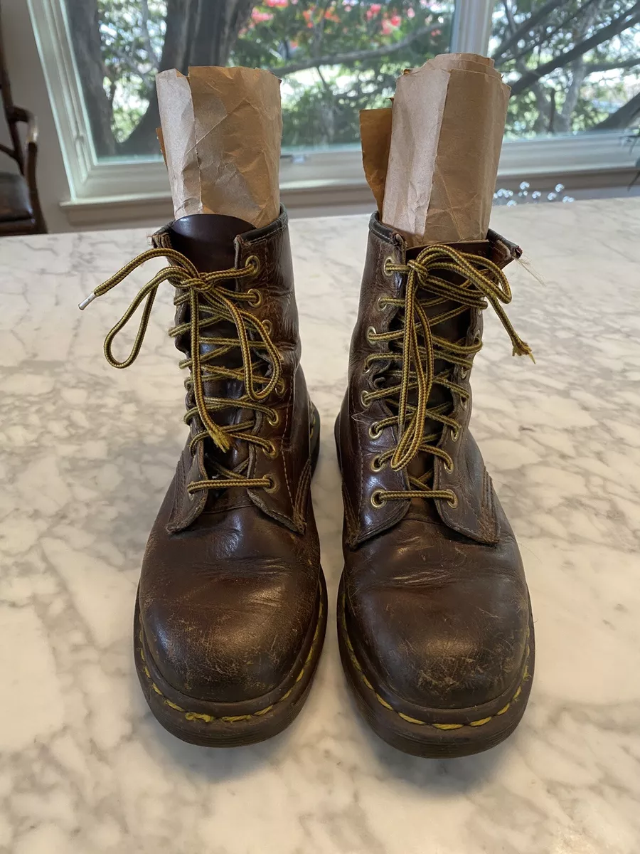 Dr. Martens Womens Boots Brown Yellow Broken In Vintage Made in England Size ?
