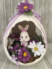 Vtg Easter Egg Diorama Ceramic Bunny Rabbit Figurine Floral Arrangement Display