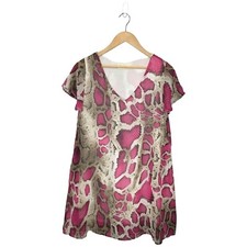 Peach Love Snake Reptile Print Flutter Sleeve V Neck Lined Shift Dress Pink S