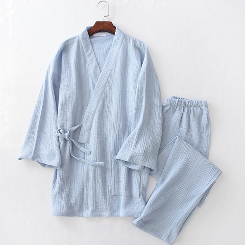 Men Solid Pajamas Set Cotton V-neck Kimono Loose Casual Nightwear Sleepwear Suit - Bild 8 von 10