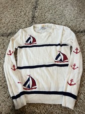 Vintage White Acrylic Sweater Embroidered Sailboats Anchors Cyn Les Small