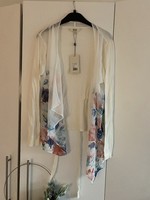 Size L Yumi Ivory Cotton Cardigan Sheer Floral Trim New With Tags