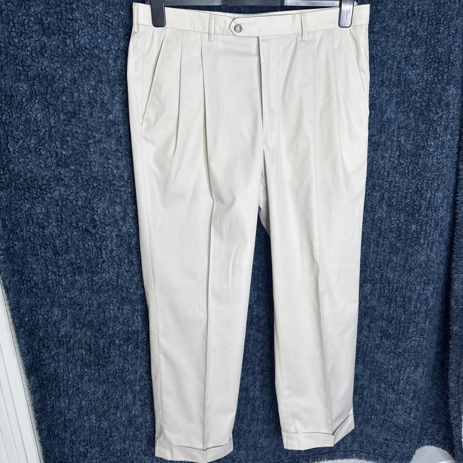 OSCAR JACOBSON Pleated Trousers Cream Stone Tailored Dress Pants Cuffed W36 L29