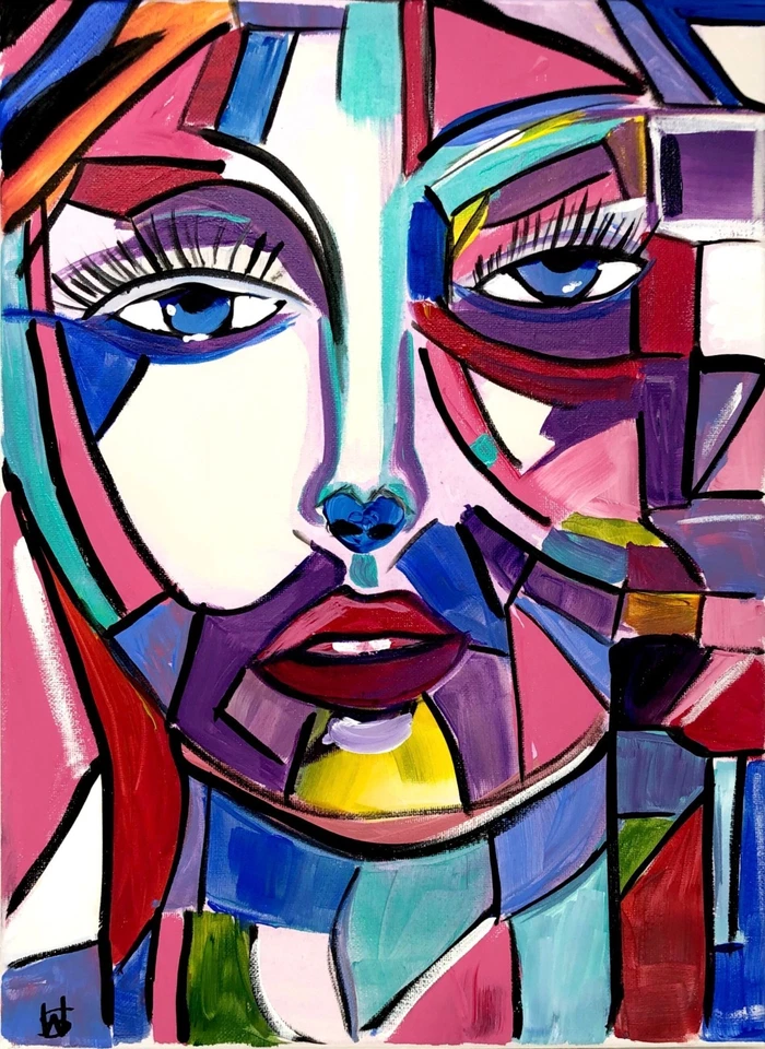 Pintura cubista original feminina 12X16 lona acrílica abstrata arte caseira única - Imagem 2 de 4