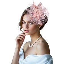 Fascinators Hats for Women 20s Vintage Tea Party Derby Hats Mesh Flower Pink