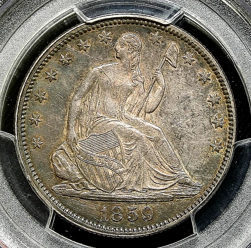 1859 SEATED LIBERTY HALF DOLLAR 50C PCGS AU 50 Nicely toned  w/underlining color
