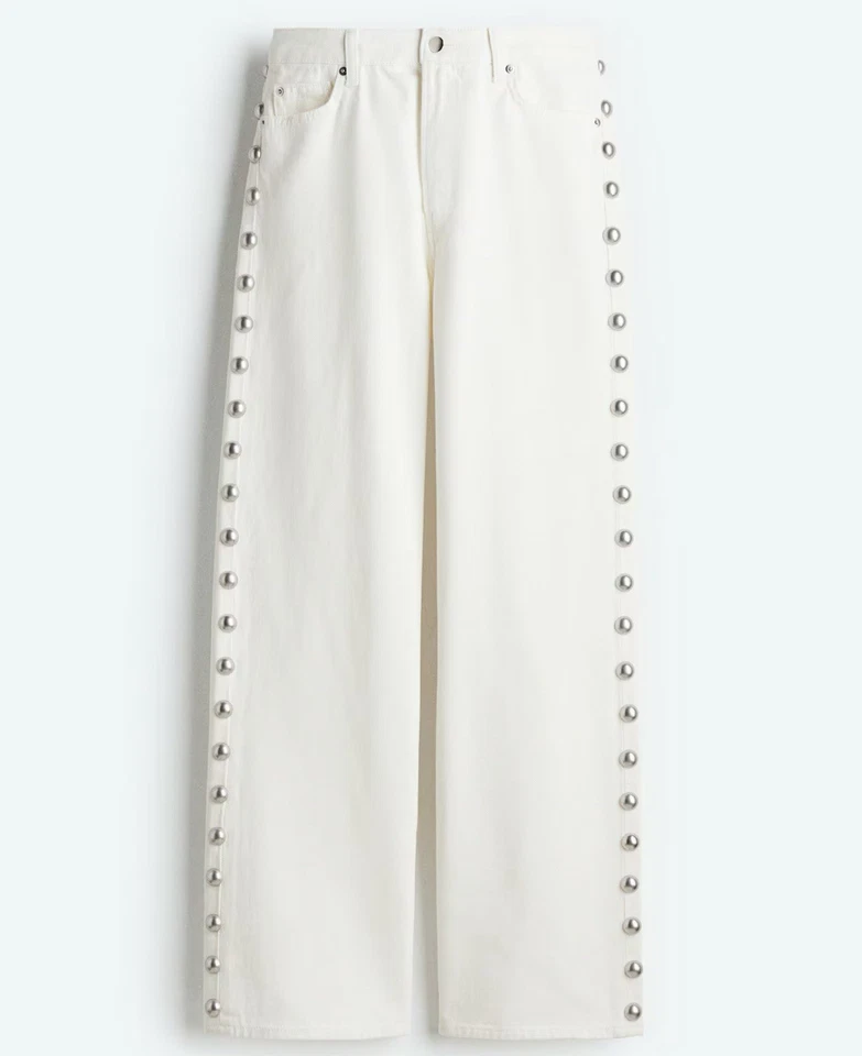 H&M Wide Leg Women's White Silver Studded Jean’s Pants- Size 16 new