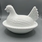 Vtg. Indiana White Milk Glass Chicken Hen on Nest Covered Bowl Candy Dish 7"