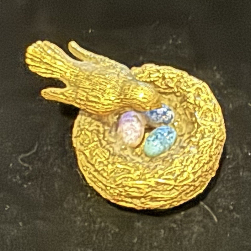 Collectible Max Factor Gold Tone Bird Nest Design with Colored Eggs