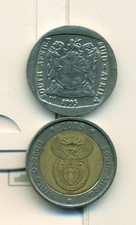 2 DIFFERENT 5 RAND COINS from SOUTH AFRICA - 1995 & BI-METAL 2005 (2 TYPES)