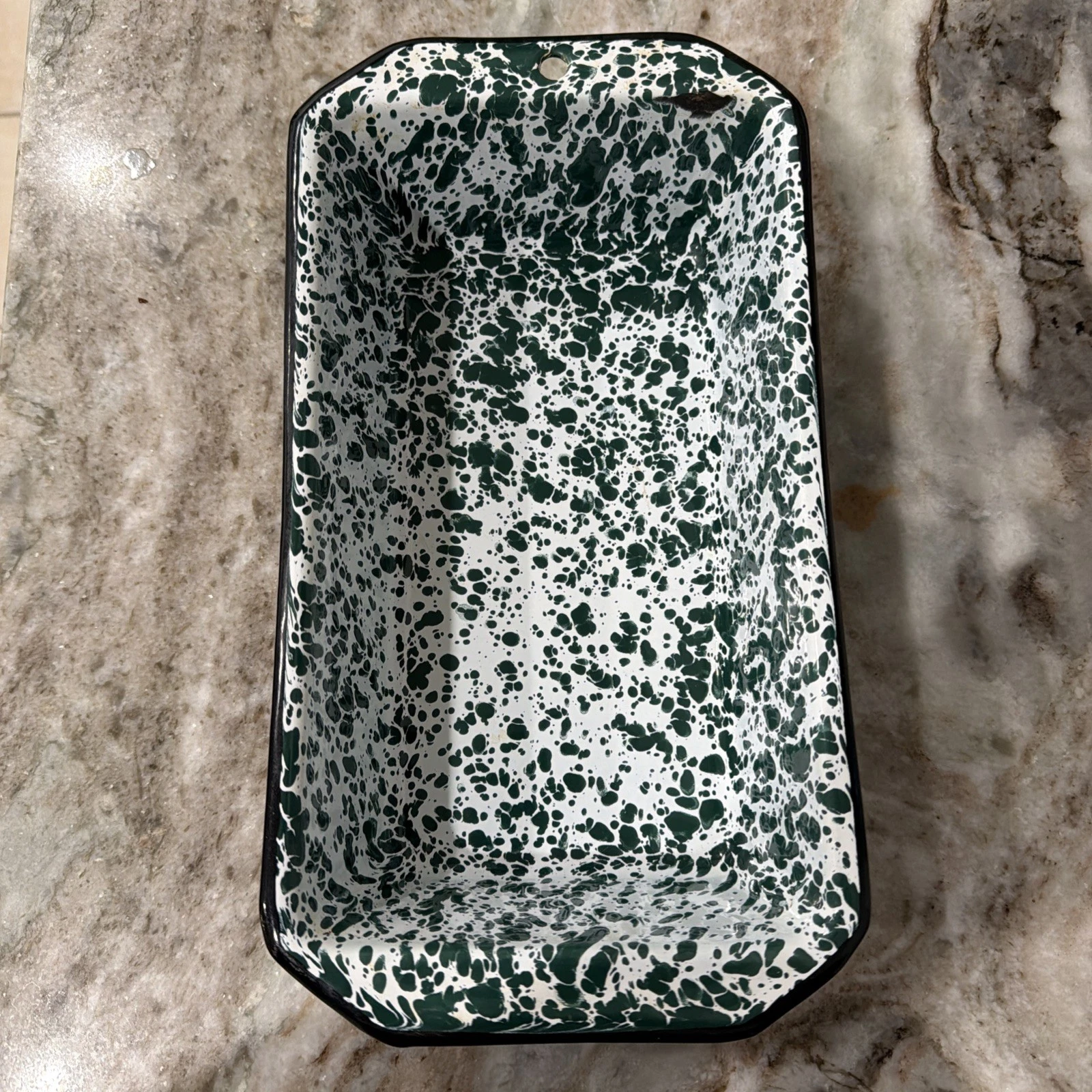Green and White Speckled Enamel Loaf Pan 11×6