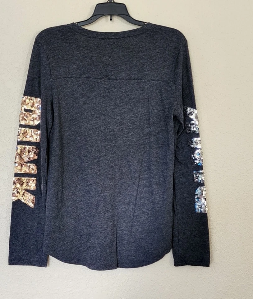 Victoria’s Secret PINK Sequin Long Sleeve Shirt Large Logo Vintage Gold Silver - Image 3 of 4