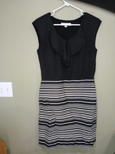 Ann Taylor Loft Size 6 Sleeveless Black Cream Striped Dress Multi Textured Butto