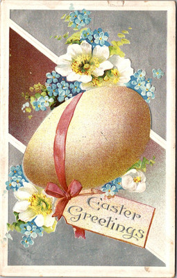 Easter Greetings Egg Ribbon Flowers 1910 Postcard