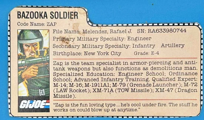 GIJOE 1982 brazo recto zap 2 manos bazuca 100% completa con tarjeta de archivo ¡rara!!!! Foto 4 de 4