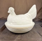 Vintage Indiana Glass Hen On Nest Milk Glass 8" x 6" 2 Piece Set