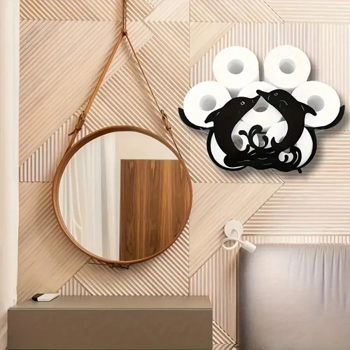 Iron Dolphin Toilet Paper Holder Adhesive Organizer Bathroom Storage Decor - Picture 6 of 7