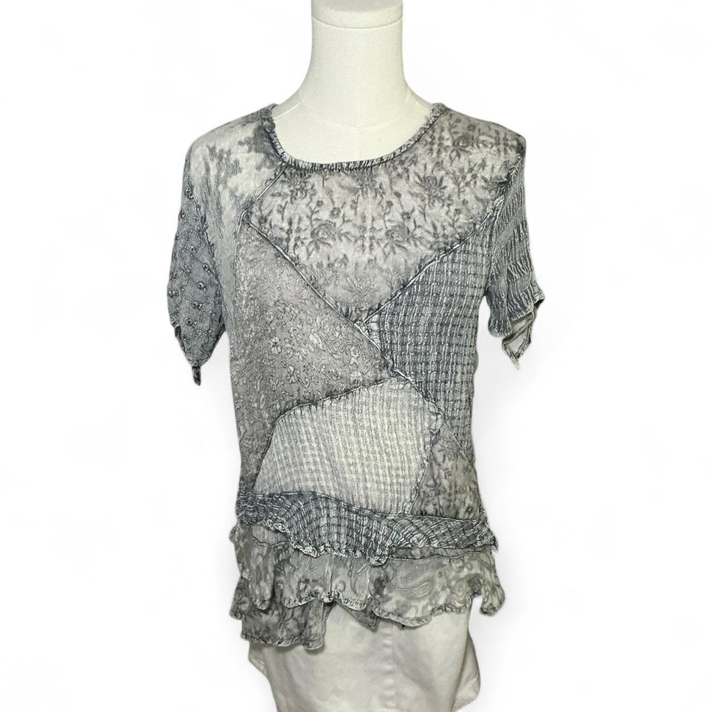 Gray Patchwork Ruffle Top – Sacred Threads (S) - image 1