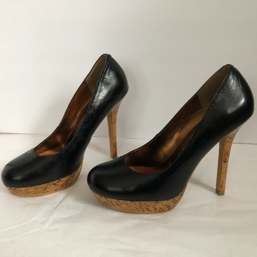 Restricted Black Leather High Heel Platforms w Cork Bottom and Heel Size 8 - Picture 3 of 7