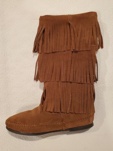 Minnetonka 1638 halbhohe Damen-Mokassin braun Wildleder 3-lagig Fransen Größe 6 - Bild 3 von 12