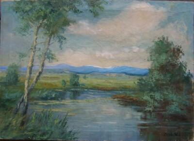 Oil painting signed John Dachauer Moor around 1920 Munich birch Alps antique